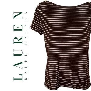 Lauren Ralph Lauren Brown & White Stripe Tee Button Accents Capped Sleeve Preppy